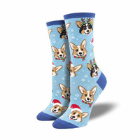 Christmas Corgi Socks, Blue, Ladies