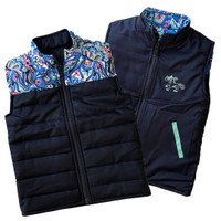 Belle & Bow Reversible Puffer Vest, Navy with Jacks Pattern