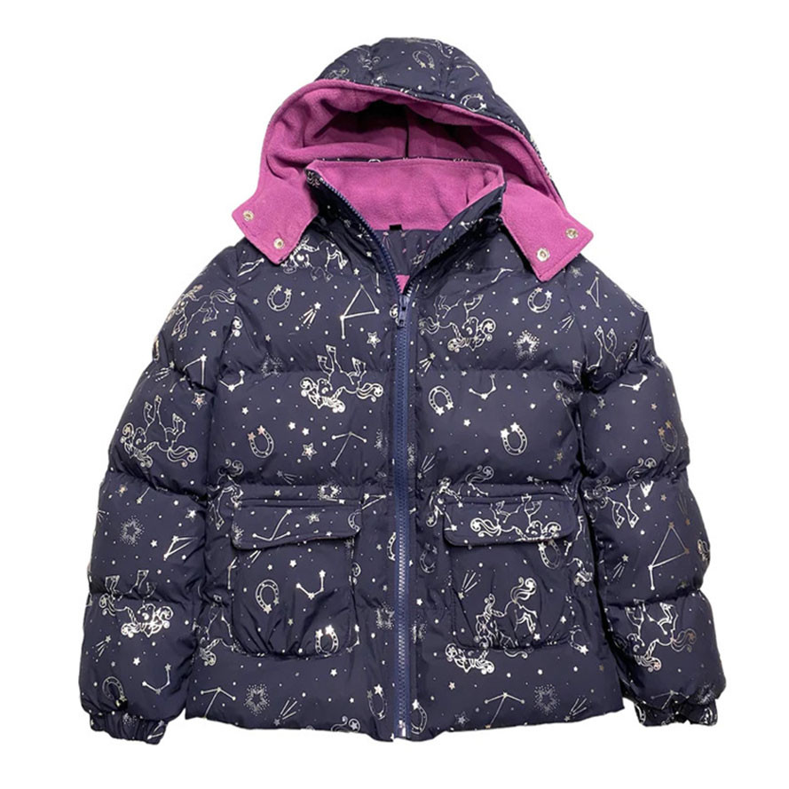 Belle & Bow Reversible Puffer Jacket, Navy with Wish Pattern