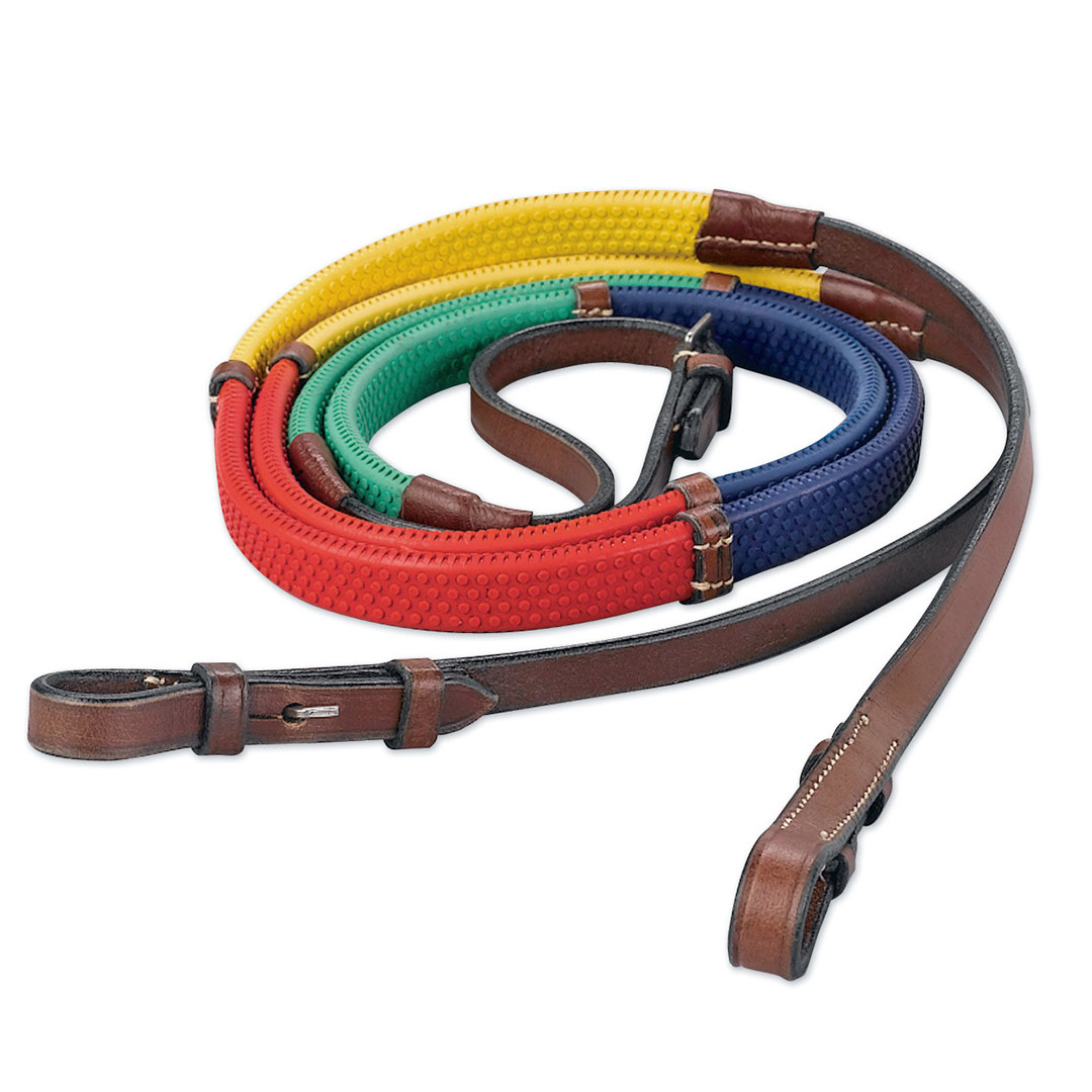 Multi Coloured Rubber Grip Training Reins Black Leather Full Cob Pony *CLEARENCE 