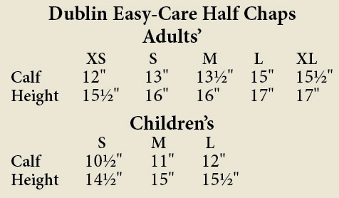 Dublin Easy Care Half Chaps Size Chart
