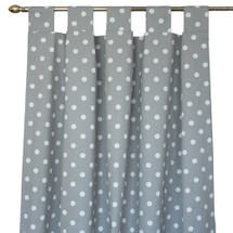 White and grey polka dot long drapes