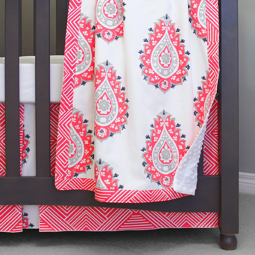 Coral baby blanket with white minky dot backing
