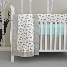 Grey Deer crib bedding with aqua accents