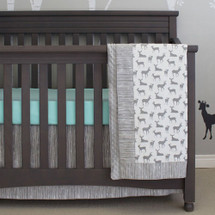 Grey Deer Bumperless crib set with aqua sheet