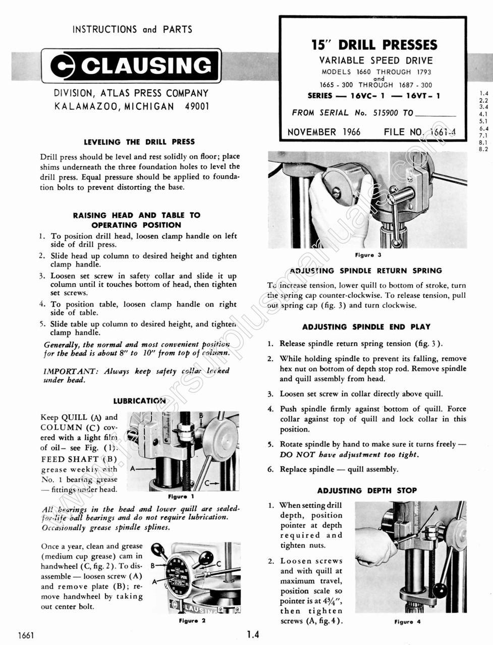 Clausing 15 Drill Press Vari Speed Operating Instructions