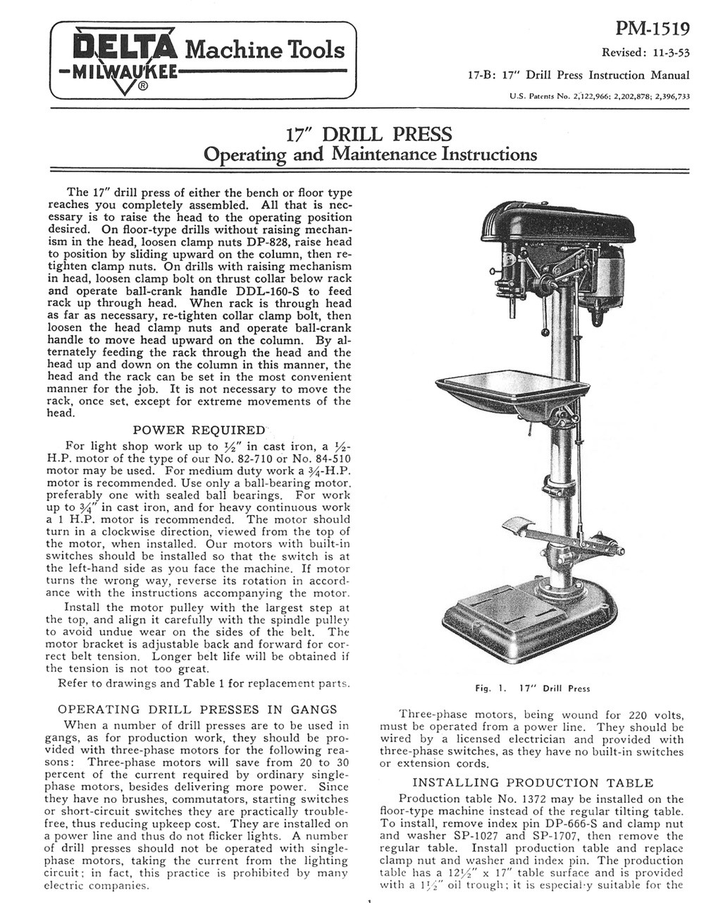 Delta Milwaukee 17 Drill Press Operating And Parts List Manual