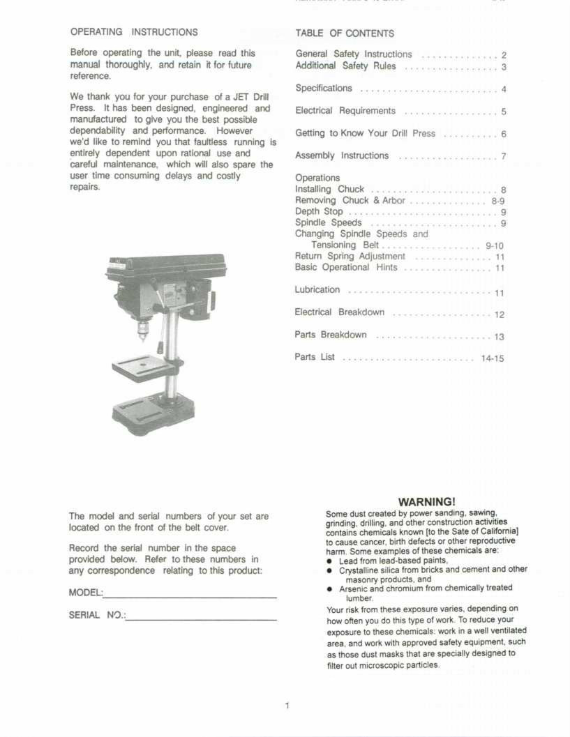 Jet JDP-20VS-1//3 Drill Press Operator /& Parts List Manual *232