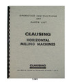 Clausing 8540, 8541, 8550, & 8551 Milling Machine Op & Parts List Manual #1365
