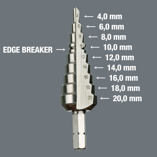 9 drill steps increasing by 2 mm for material with a max. thickness of 4.5 mm. With edge breaker (sheet metal countersink) at Ø 10 for 1-mm sheet metal