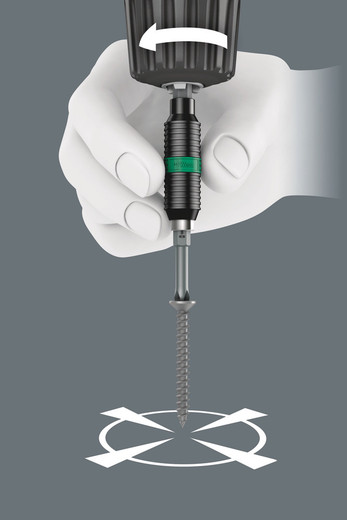 The free-turning sleeve allows screw steadying at the start of the screwdriving process. This makes it easier to apply the tool to the screw and prevents slipping. It can also be used as a short extension for 1/4" applications e.g. in combination with the Wera Zyklop Ratchets.