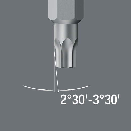 The conical TORX® profile provides a better fit in the screw. Combined with a great recess depth this produces a pinch effect.