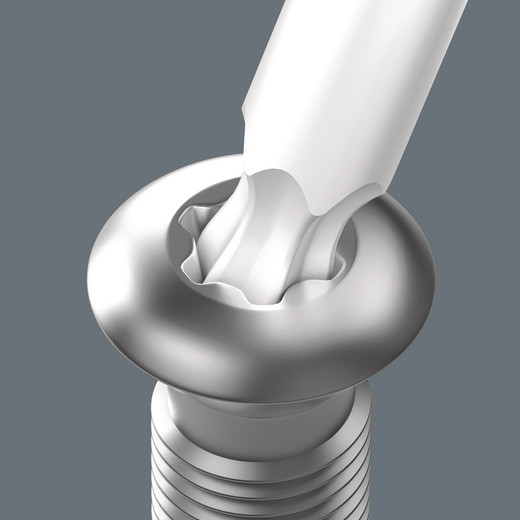 The spherical drive profile means that it is possible to swivel the axis of the tool to that of the screw,  and therefore enable angled, around-the-corner" screwdriving jobs.