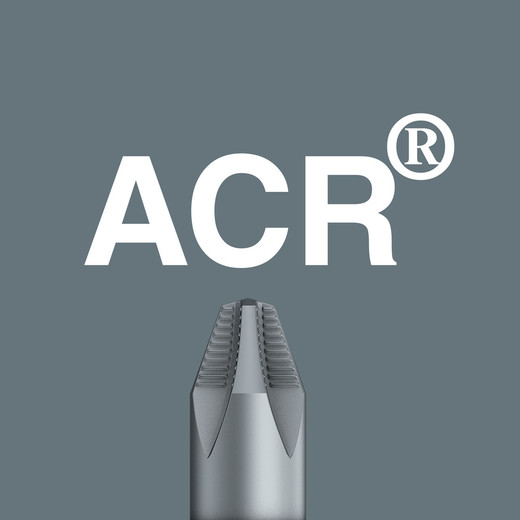 ACR® stands for anti-cam-out ribs". ACR® bits have ribs at the drive tip that protect against slipping out of the screw head. It is recommended that ACR® bits are matched with ribbed ACR® screws for maximum effect. ACR® is a registered trademark of Phillips Screw Company.
