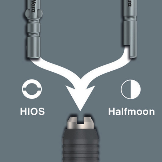 Features a combination bitholder for both bits with Halfmoon and bits with HIOS drive.