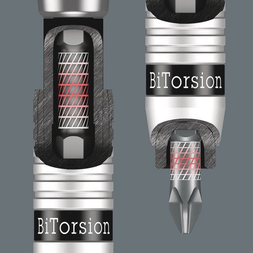 The effectiveness of the BiTorsion system comes from a combination of two shock-absorbing spring elements. Both bits as well as holders have a cushioning torsion zone that diverts the kinetic energy away from the drive tip during peak loads.