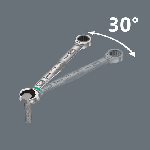 Instead of 60°, the Joker only has a 30° return angle thanks to its unique double-hex design. Along with the Jokers straight neck, this means that flipping the wrench has become a thing of the past. With the Joker, you can now loosen and tighten nuts and bolts, in situations where conventional tools fail. Particularly in confined spaces, where conventional open-jawed wrenches cannot be used. The combination of limit stop and small return angle enables eff ective work, even on screw pipe connections.