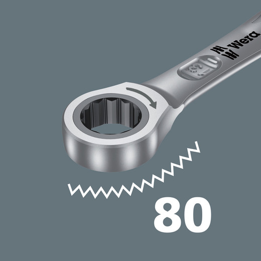 The ratcheting feature at the ring end boasts an exceptional, fine tooth mechanism  80 teeth in all  which provides greater flexibility, even in very confined workingspaces.