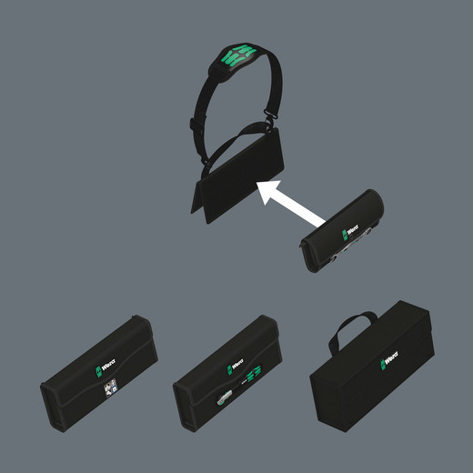 The hook and loop fastener system means that other Wera 2go system components can be just as easily attached to the Wera 2go 5 Tool Carrier as all other Wera tools in boxes and pouches with hook and loop fastener zones. This enables an individual composition of the tools needed for a specific job.