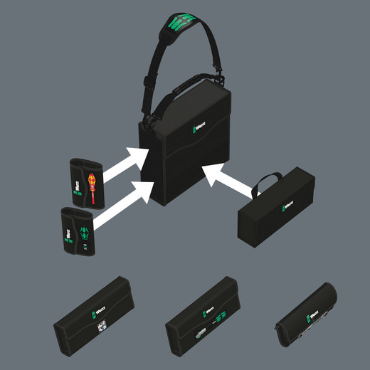 The hook and loop fastener system means that other Wera 2go system components can be just as easily attached to the Wera 2go 1 Tool Carrier as all other Wera tools in boxes and pouches with hook and loop fastener zones. This enables an individual composition of the tools needed for a specific job.