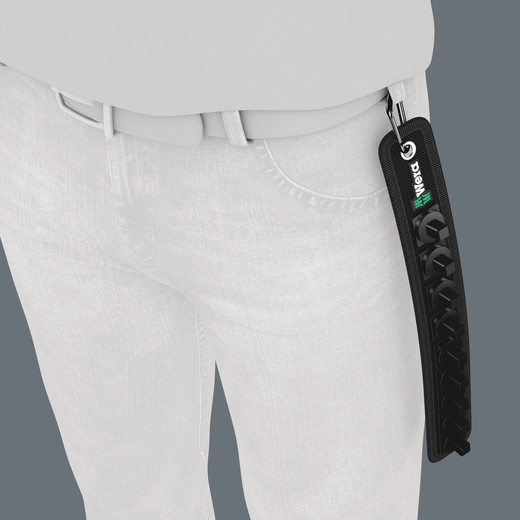 The robust textile belt can be secured to a belt loop or pocket by means of the snap hook.