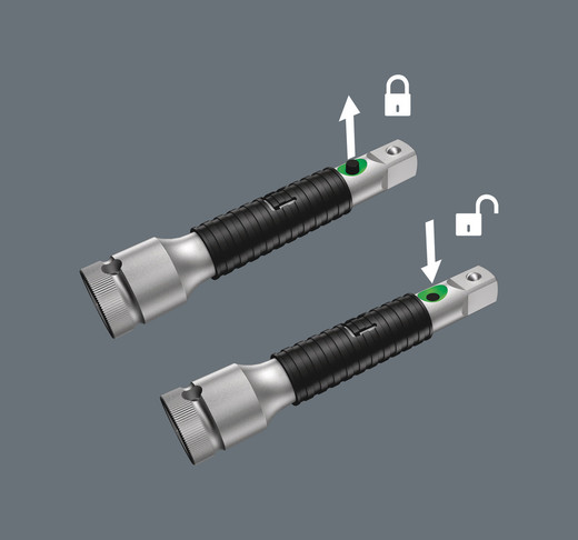 The extensions from the premium lines are also equipped with the unique flexible-lock-system". By activating this system, attachments can be fixed to the extension permanently  preventing slipping and any unintentional loss of the attachment. When the system is deactivated, the sockets can be attached as usual and changed in a flash.