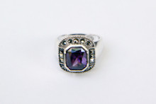 Sterling Silver & Marcasite with Synthetic Amethyst Ring- Size 6.5