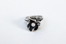 Hand Forged 14k White Gold with Pearl Ring. "Floral Motif"- Size 3.5