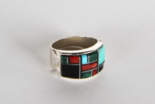 Navajo - Sterling Silver and Mosaic Inlay of Turquoise, Coral, Malachite, Jet and Mother-Of-Pearl Ring- Size 7.75