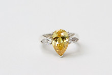 Sterling Silver Ring with Pear Shaped Yellow CZ and Clear CZ's on each side- Size 5