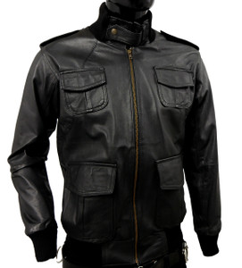 Black Zip-Up Leather Eduardo Aviator Bomber Jacket