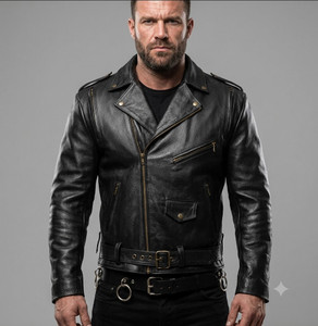 Black Biker Leather Jacket with Pads