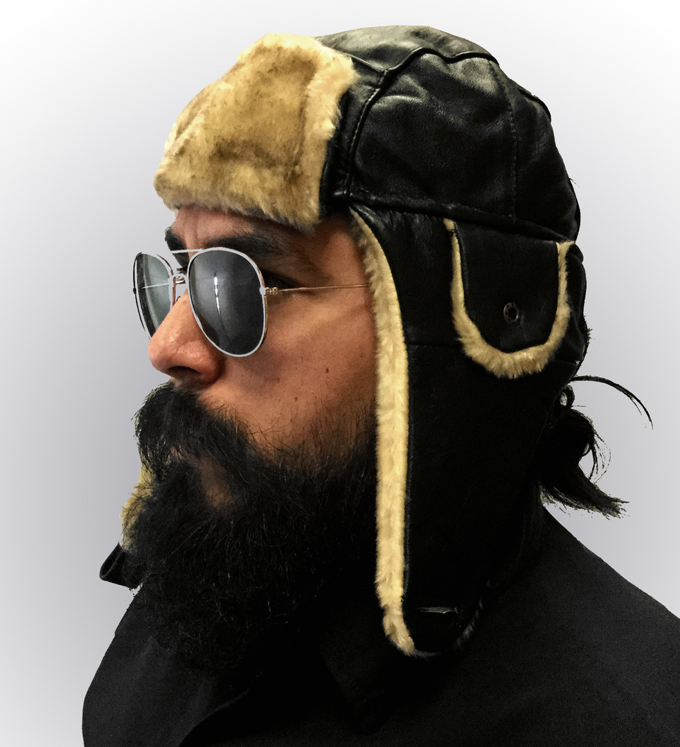 Black Leather Aviator Hat w/Honey Fur