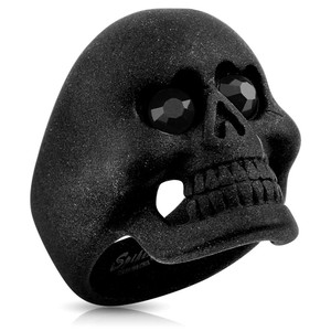 Matte Black Skull With CZ Heart Eyes Ring