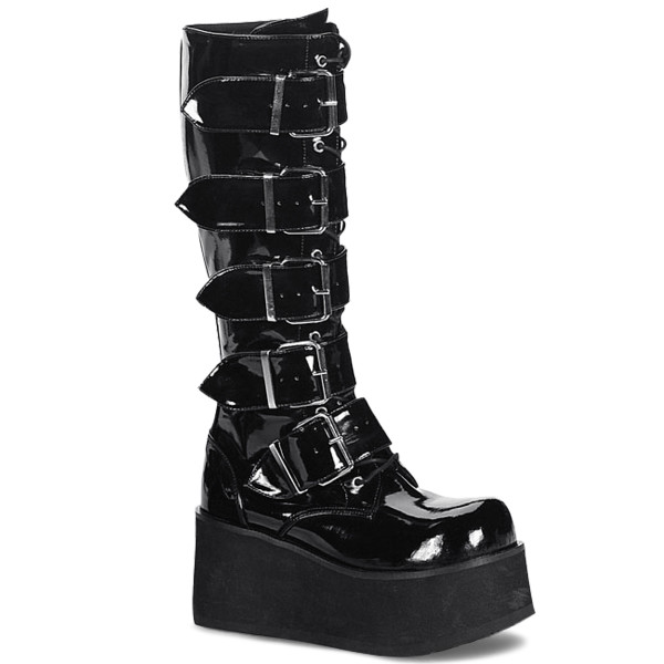 Black Patent Platform Goth Punk Knee Boots with 5 Buckles