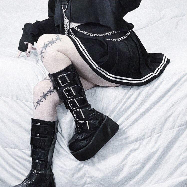 Black Patent Platform Goth Punk Knee Boots with 5 Buckles
