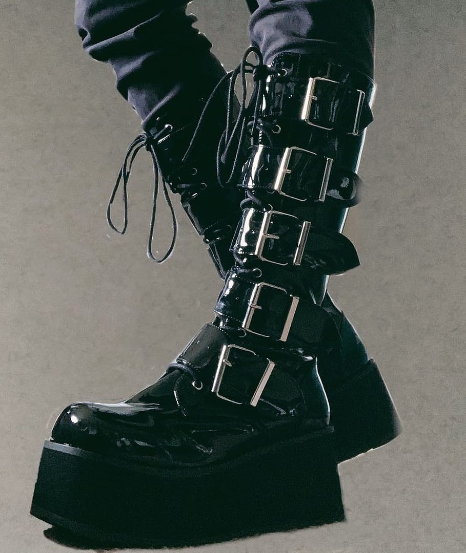 Black Patent Platform Goth Punk Knee Boots with 5 Buckles
