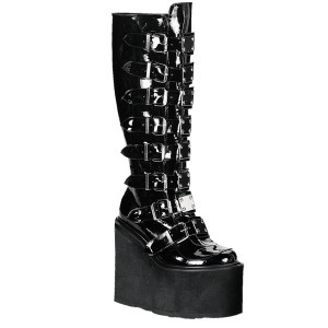 Black Patent 8 Buckle Straps Platform Knee High Boots - Swing-815