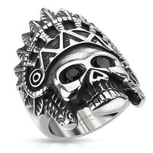 Apache Headress Skull with Black Gemmed Eyes Cast Ring