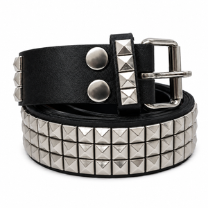Black Leather Belt Triple Row Chrome Pyramid Studs