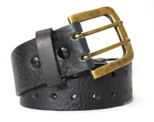 Double Perforated Gold Buckle Black Leather Belt
