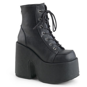 Black Vegan Leather Lace-Up Platform Ankle Boots - Camel-203