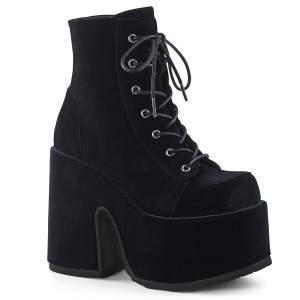 Black Velvet Lace-Up Ankle Platform Boots  - Camel-203
