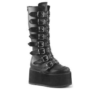 Black Buckles and Straps Knee High Vegan Platform Boots - Damned-318