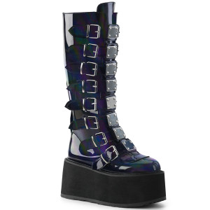 Black Vegan Hologram Buckles and Straps Knee High Platform Boots - Damned-318