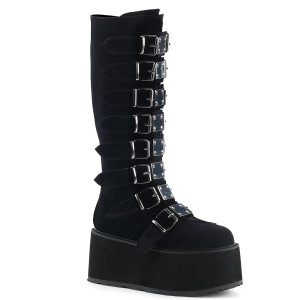 Black  Velvet Buckles and Straps Knee High Platform Boots - Damned-318