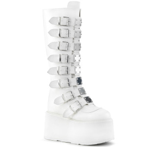 White Vegan Knee High Platform Boots with Buckles and Straps - Damned-318