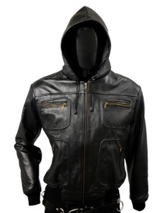 Black Biker Leather Jacket Belgica with  Removable Hood