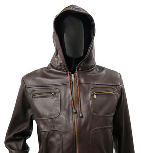 Brown Biker Leather Jacket Belgica with  Removable Hood