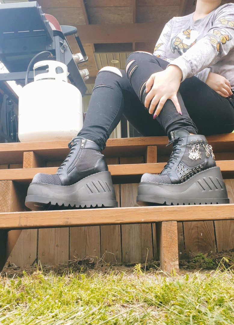 Black Vegan Deathrock Ankle Platform Boots with Dangling Charms